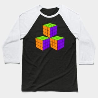 Three Rubik Cubes in a Triangle - Orange, Green and Purple Baseball T-Shirt